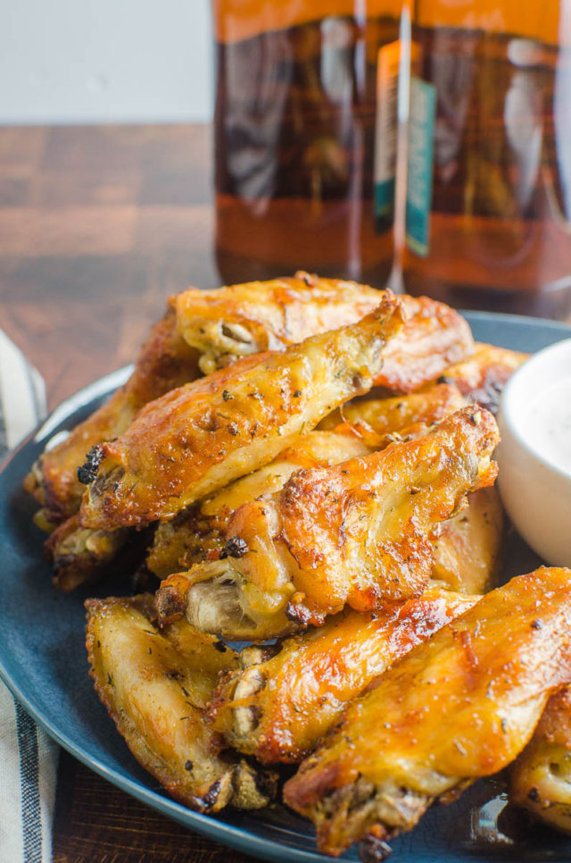 Beer Brined Chicken Wings on a blue plate.