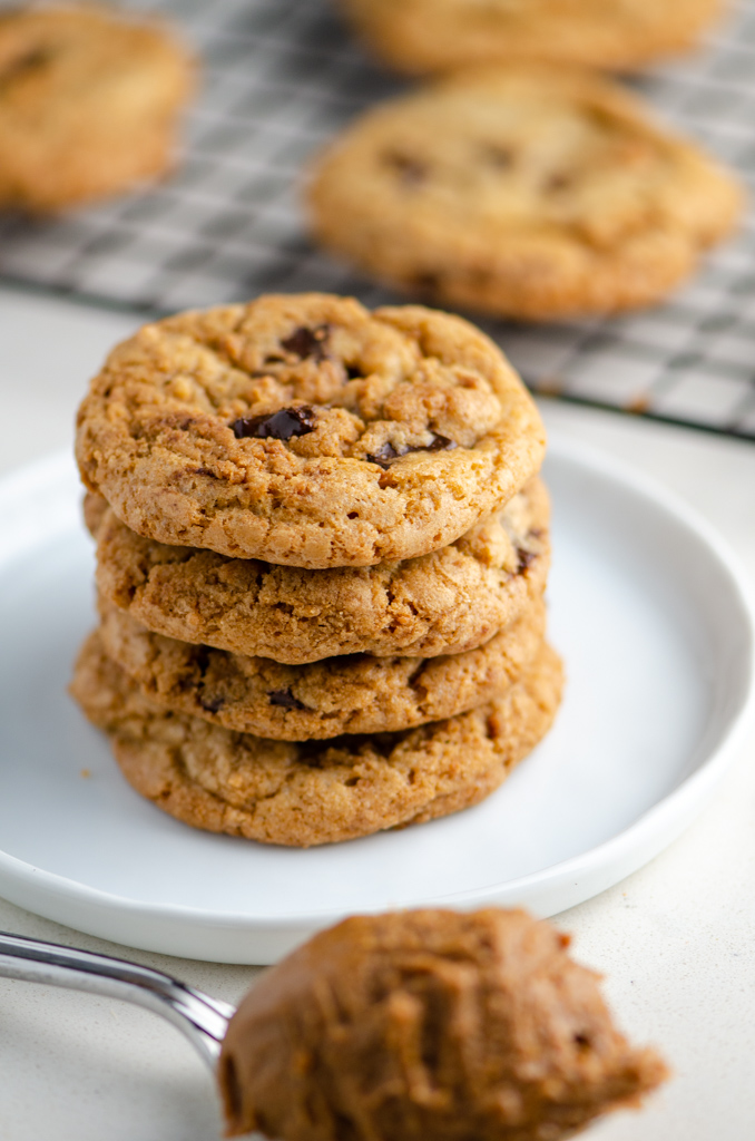 Stack of biscoff and dark chocolate chip cookies. 