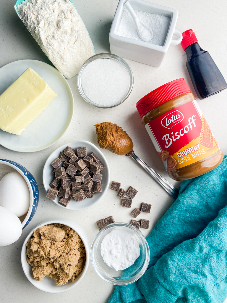 Overhead photo of the ingredients needed to make dark chocolate chip biscoff cookies. 