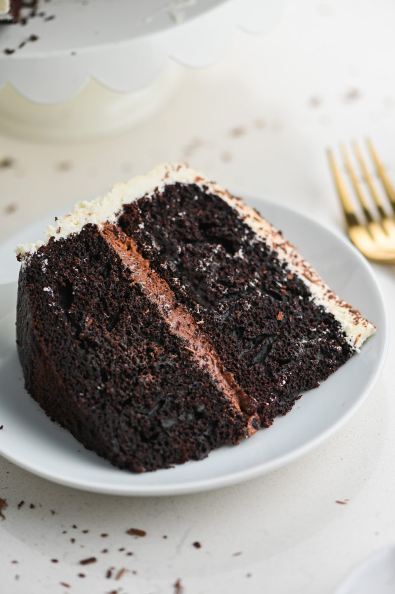 Slice of Black and White Cake on plate. 