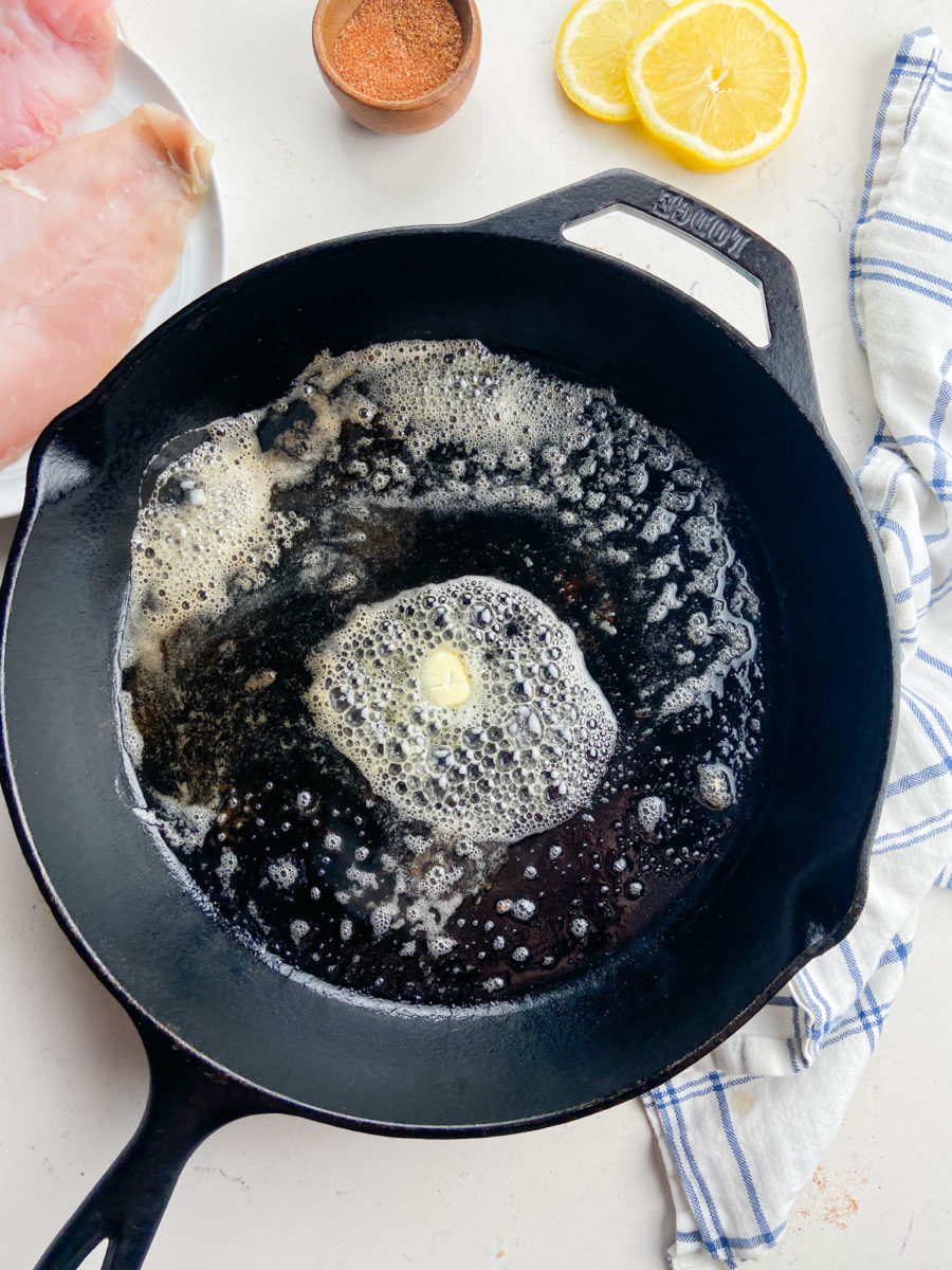 Melted butter in cast iron skillet. 