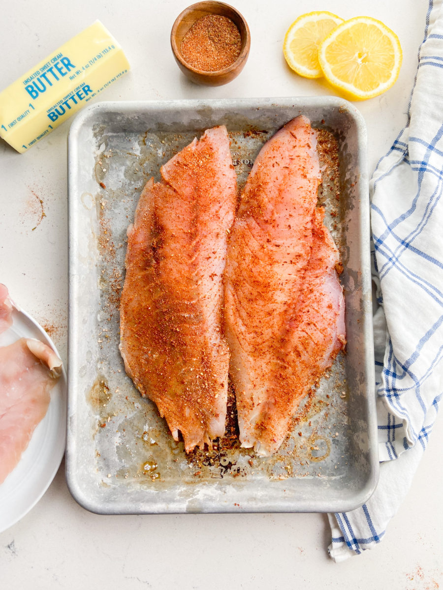 Rockfish filets seasoned with blackened seasoning. 