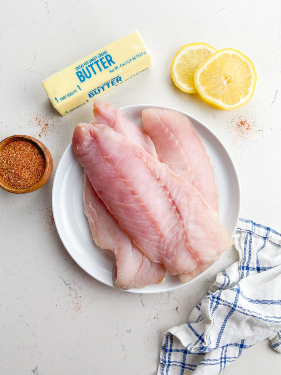 Blackened fish ingredients on white background. 