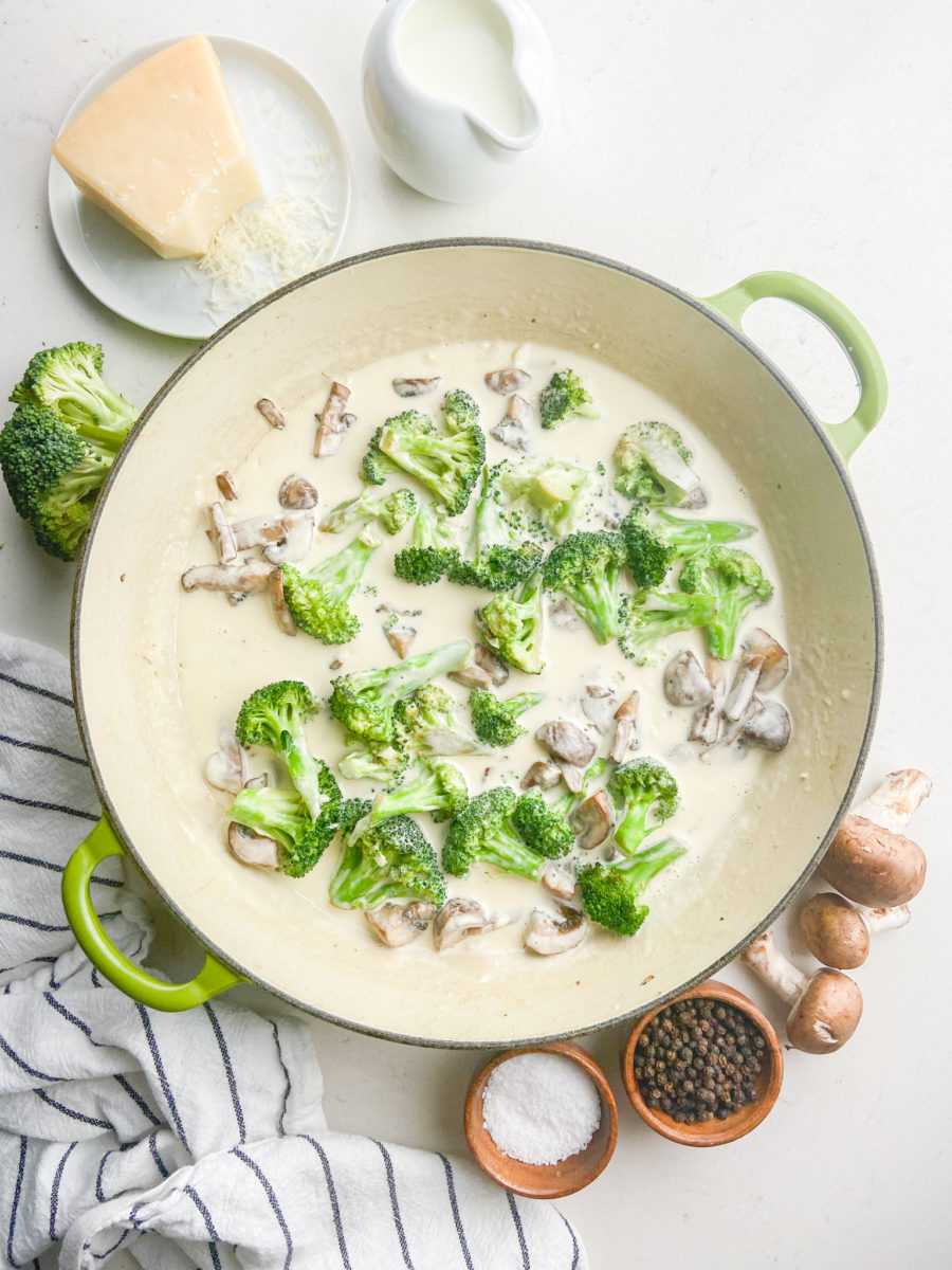 Broccoli and Mushrooms in creamy alfredo sauce. 