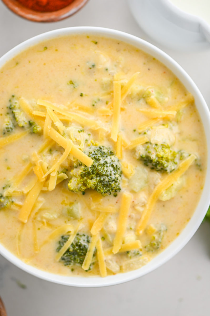Overhead photo of broccoli cheddar soup. 
