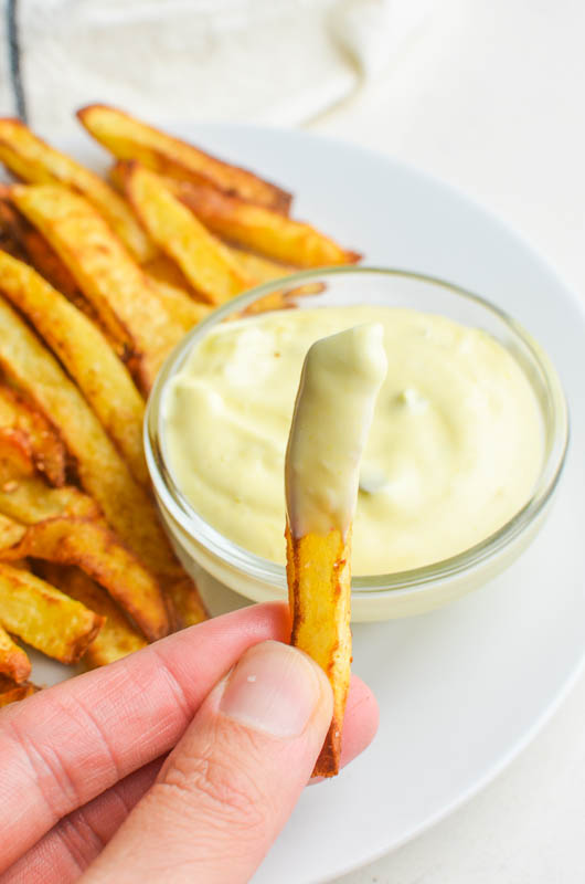 French fry with dip on it. 