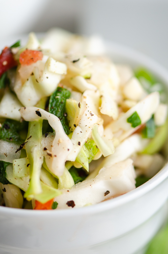 Close up photo of cabbage salsa in white bowl. 