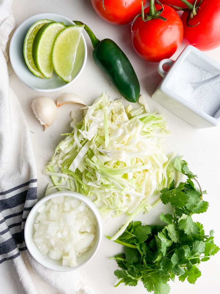 Overhead photo of cabbage salsa ingredients. 
