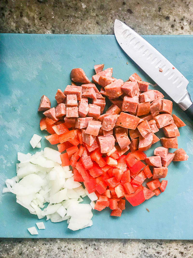 Diced andouille sausage, bell peppers and onion