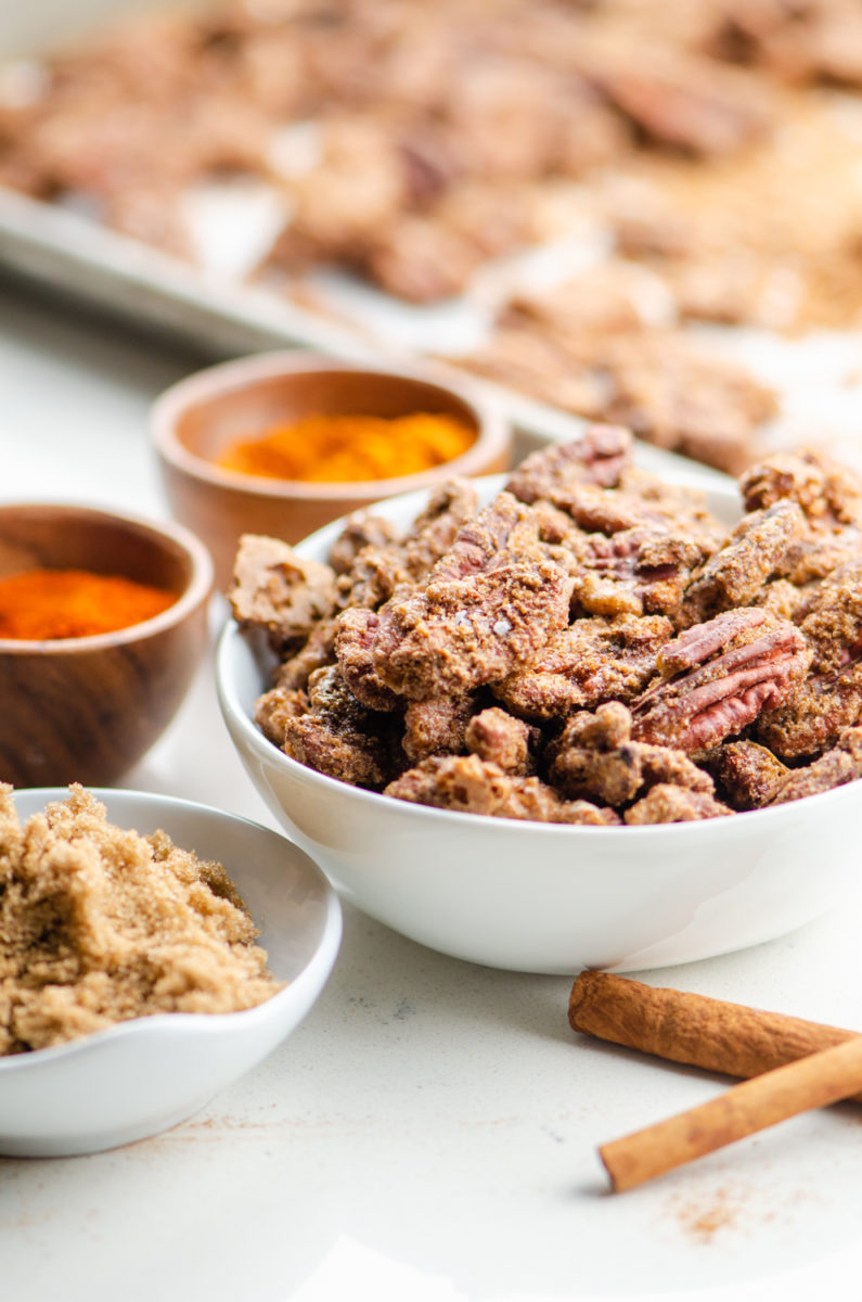 Bowl of pecans with spices. 