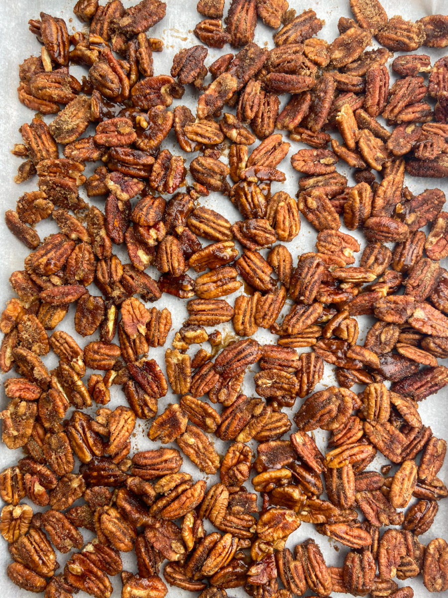 Candied Pecans on baking sheet. 