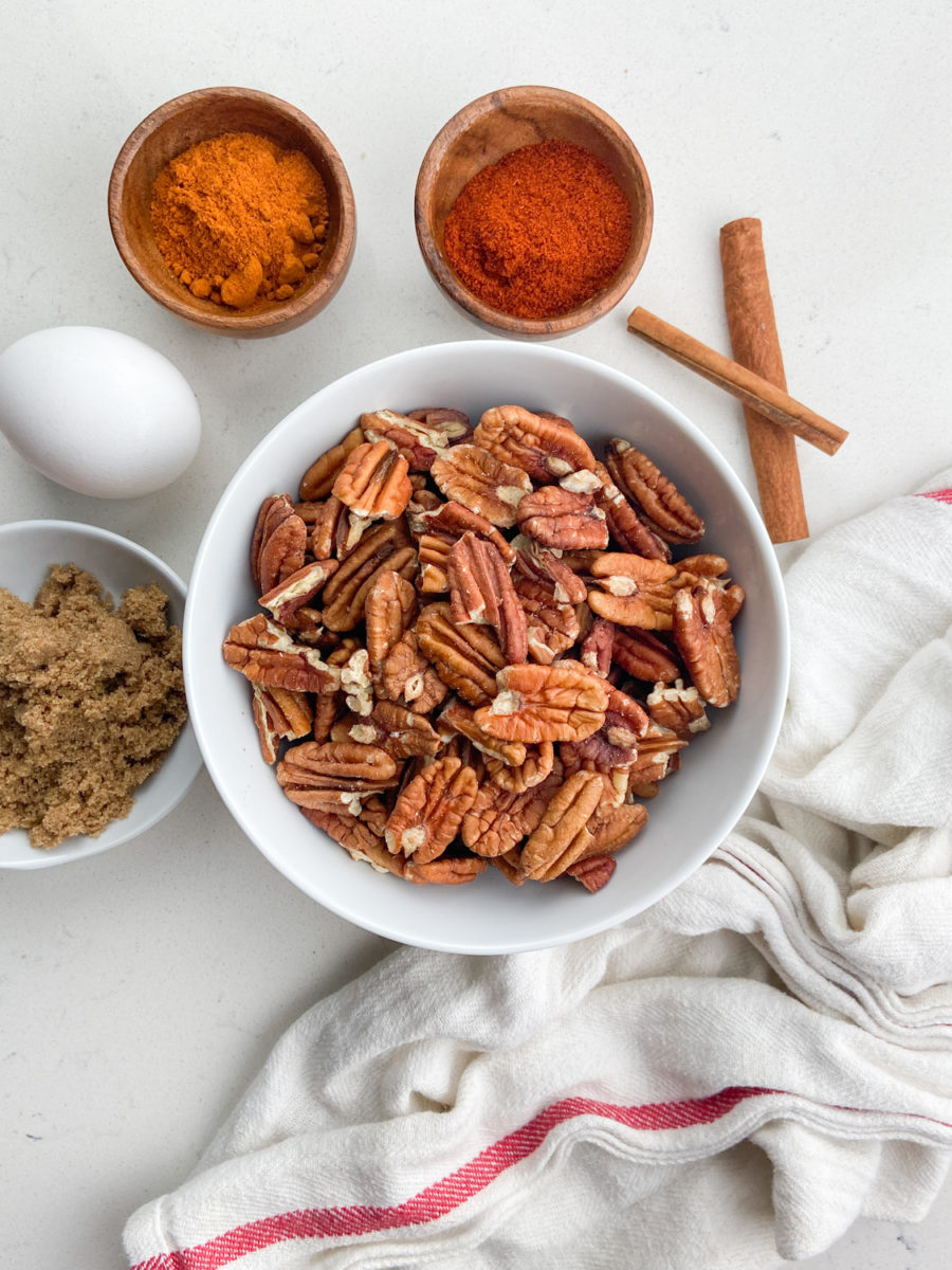Overhead photo of candied pecan ingredients. 