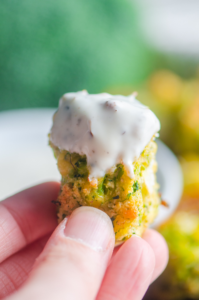 A broccoli tot dipped in ranch. 