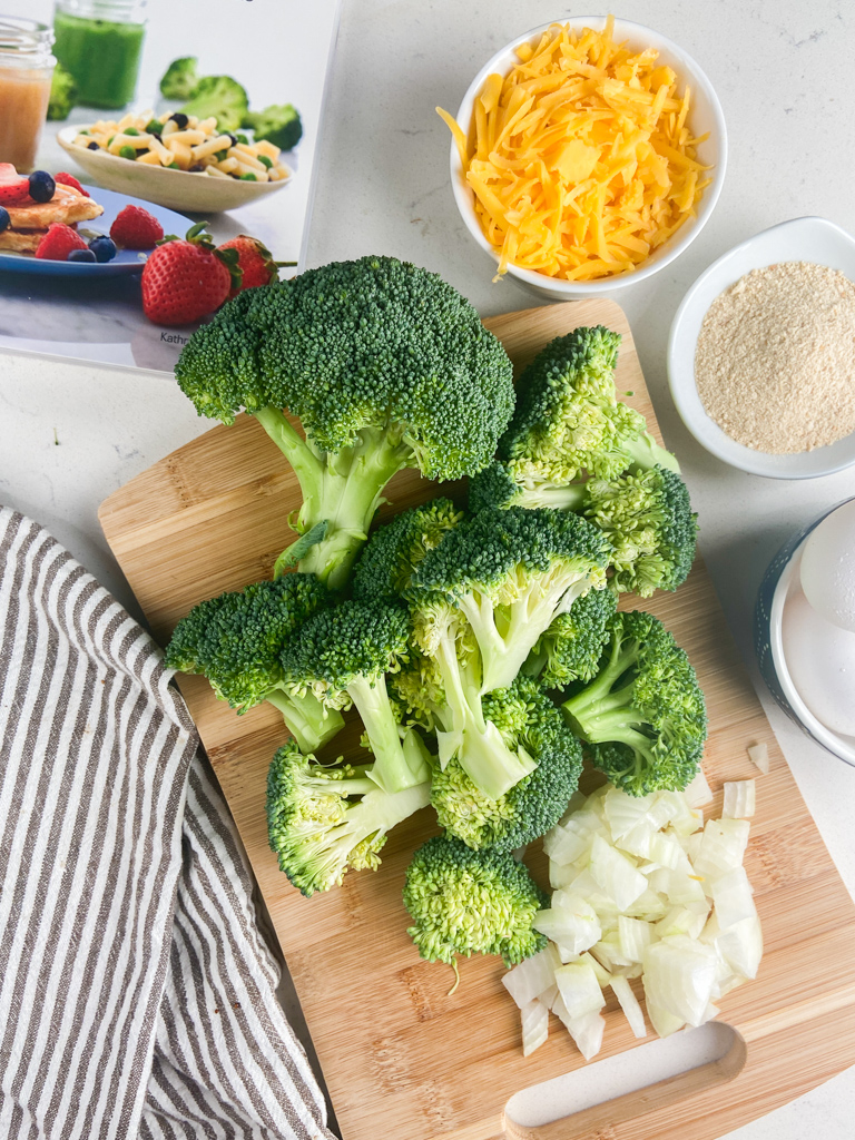 Overhead photo of ingredients needed to make baked broccoli tots. 