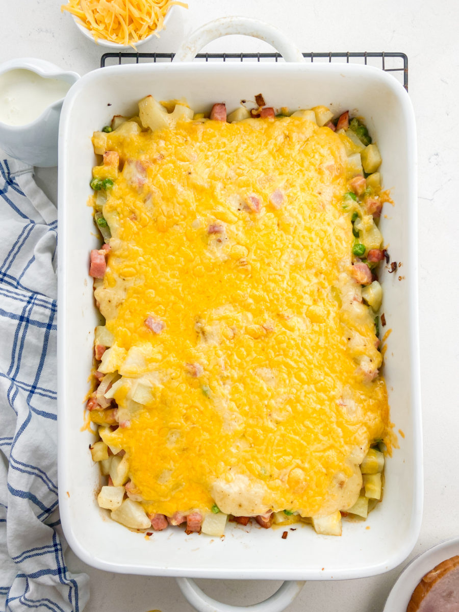 Baked Ham Potato Casserole in white dish. 