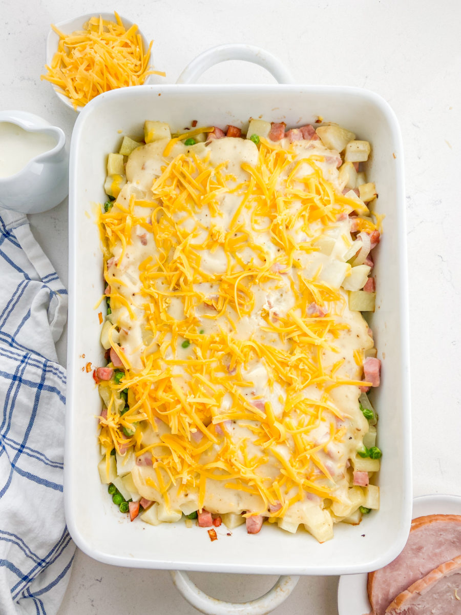 Ham casserole before baking in 9x13 pan. 