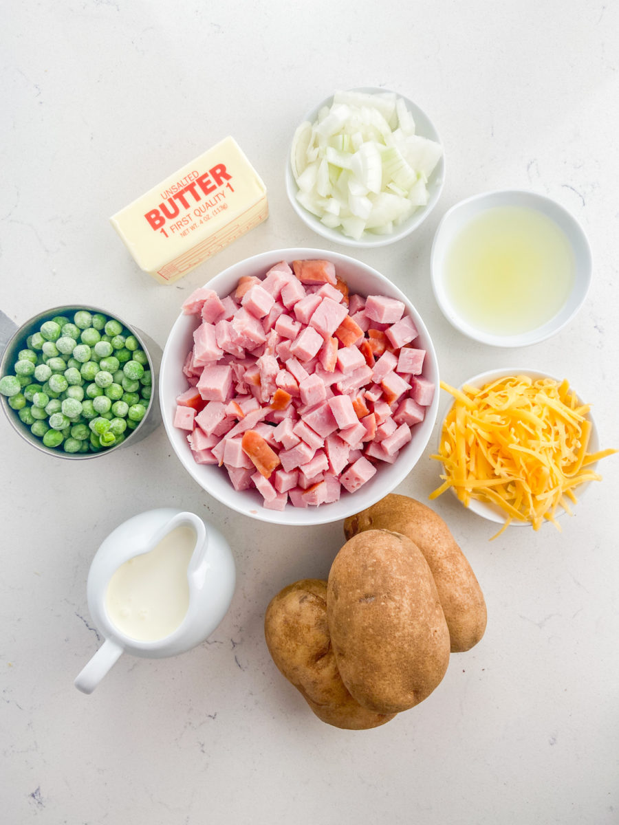 Ingredients for cheesy ham potato caserole. 