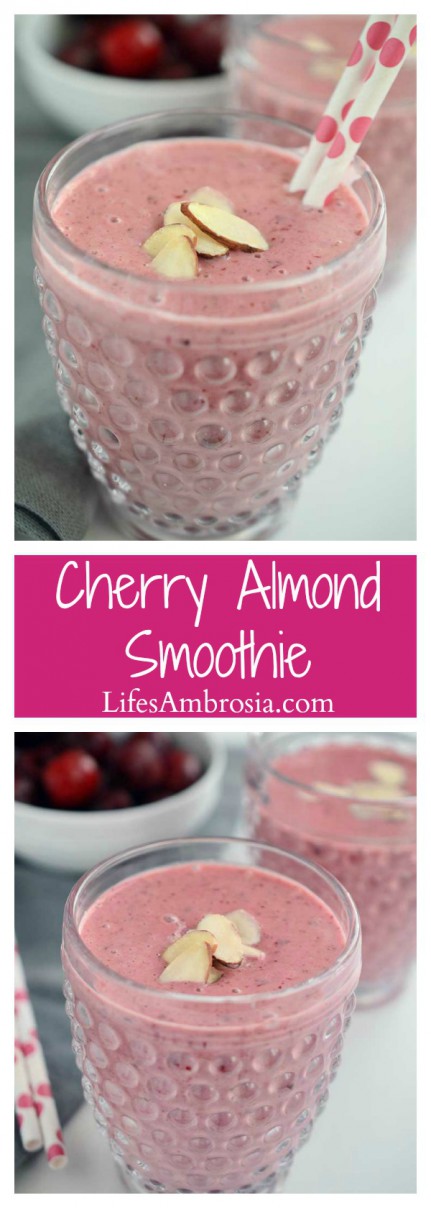 This Cherry Almond Smoothie loaded with kefir, greek yogurt, sweet cherries and almond butter is a great way to start the day! 