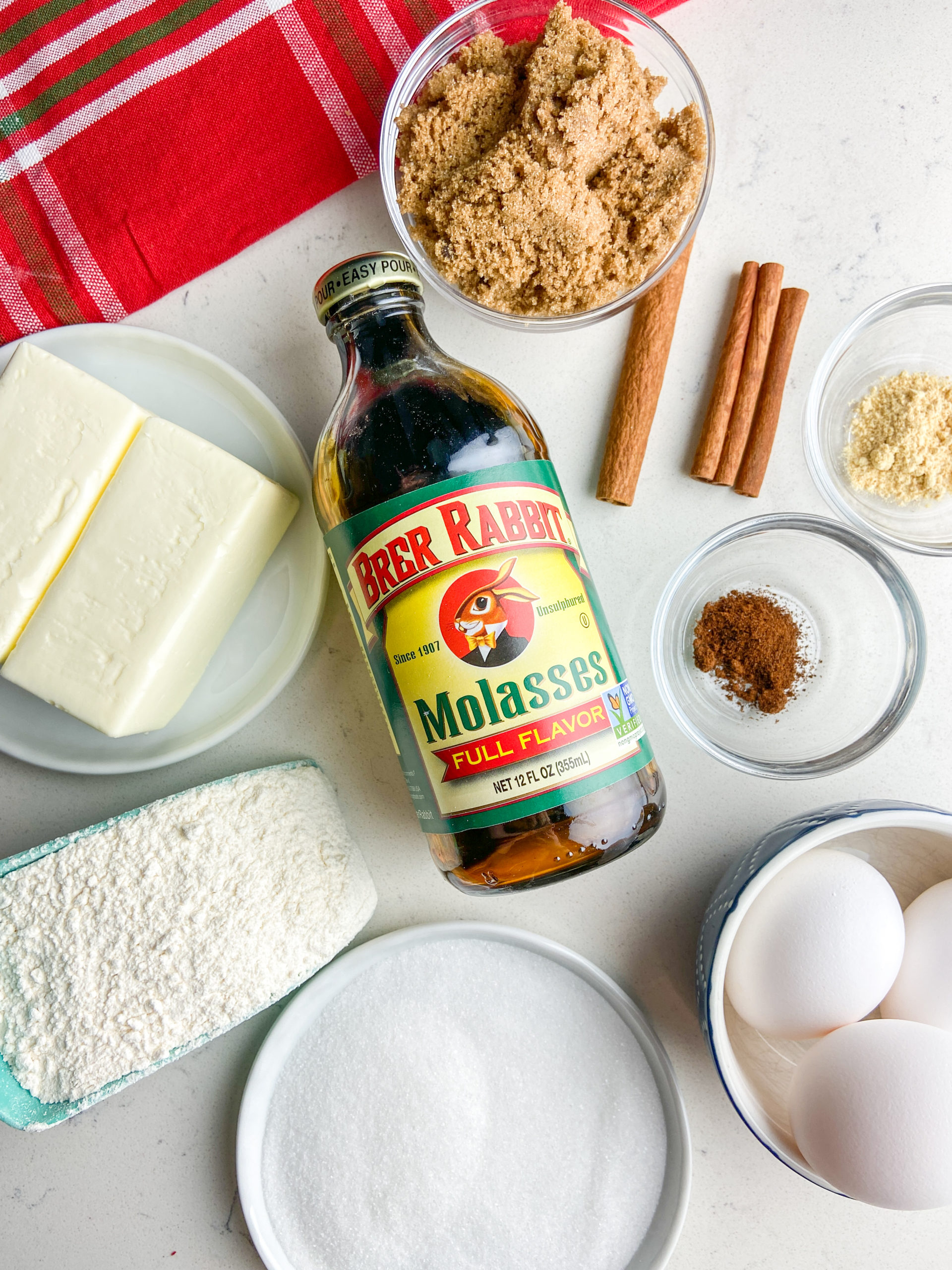 Ingredients needed for chewy molasses cookies. 