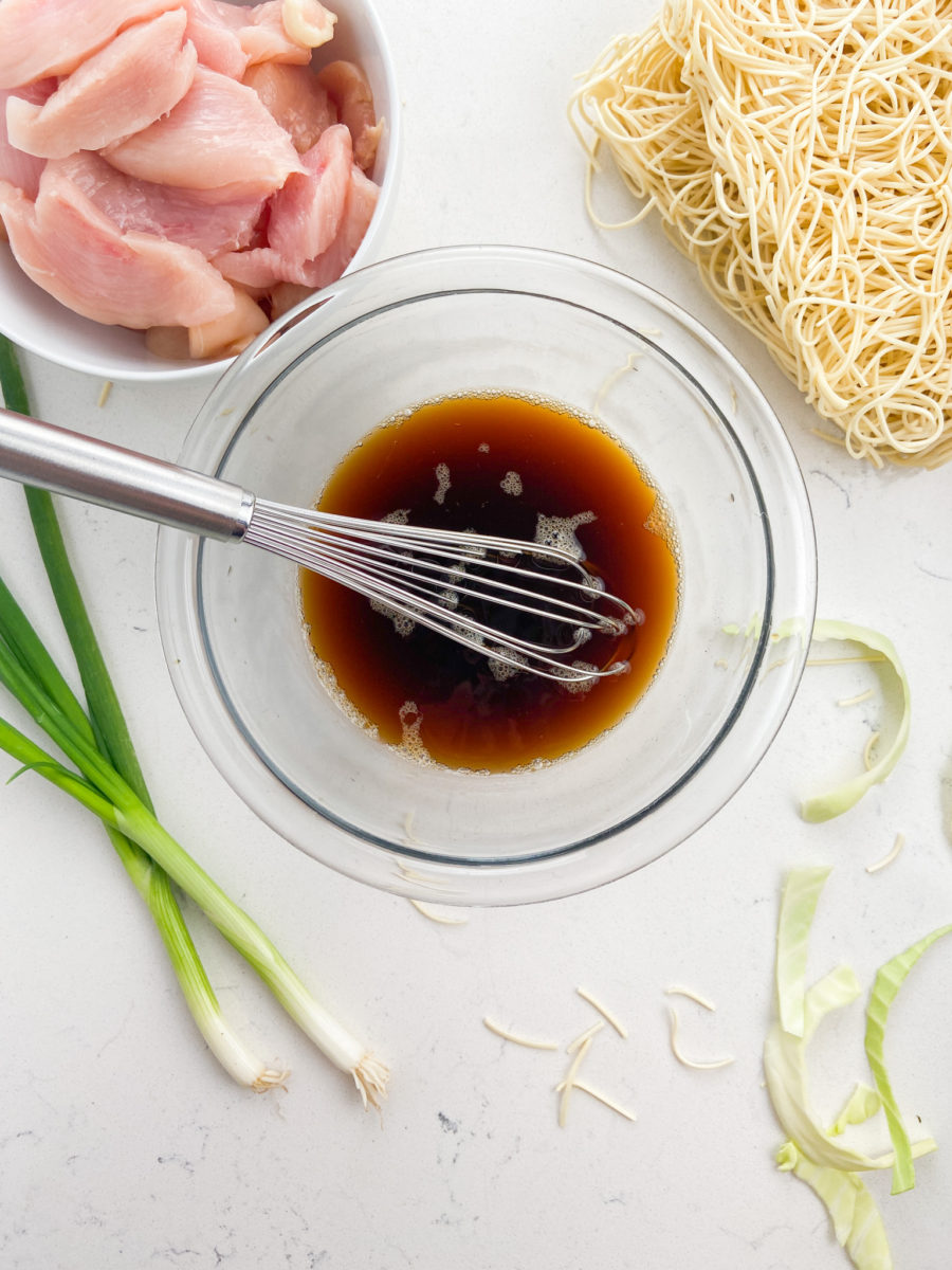 Chow mein sauce in glass bowl. 