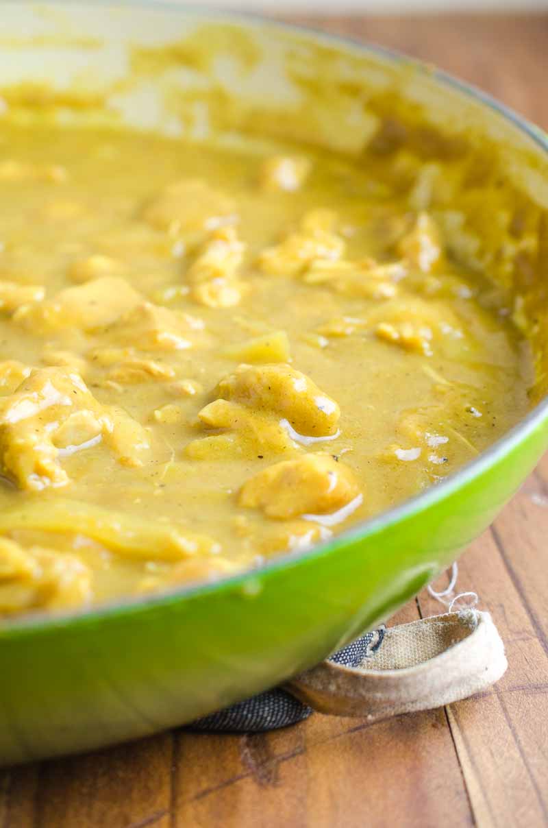 Chicken curry in a pan. 
