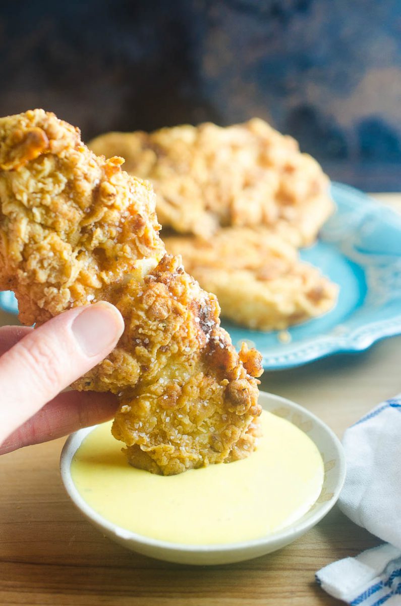 Crispy Chicken Tenders dipped in Honey Mustard dressing.