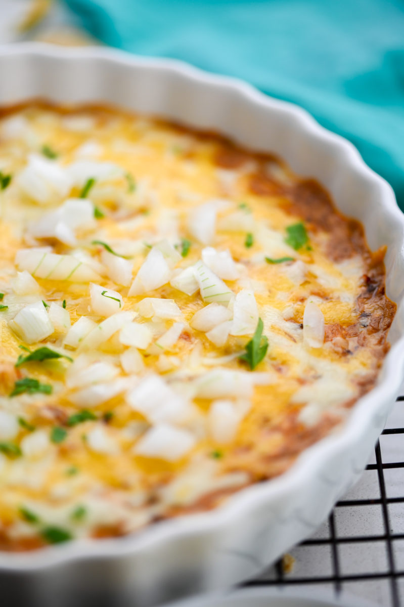 Chili Cheese Dip in white dish.