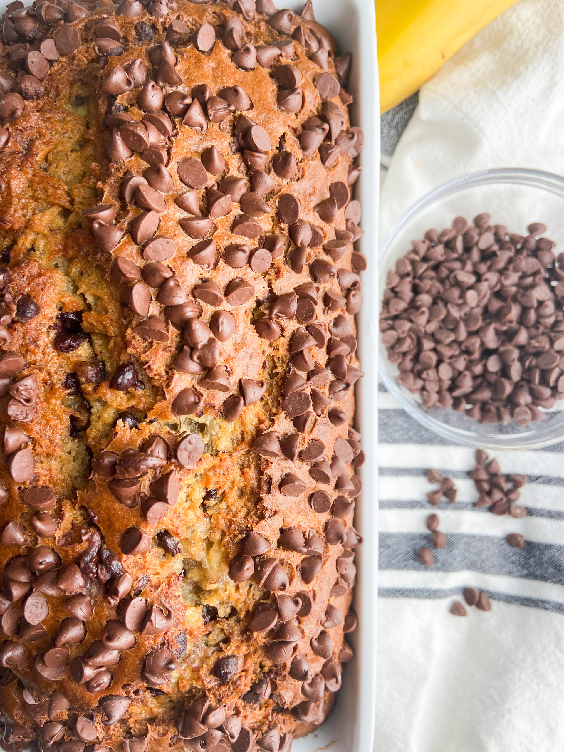 Overhead photo of chocolate chip banana bread 