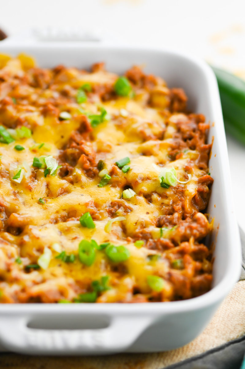 Chorizo dip in white baking dish. 