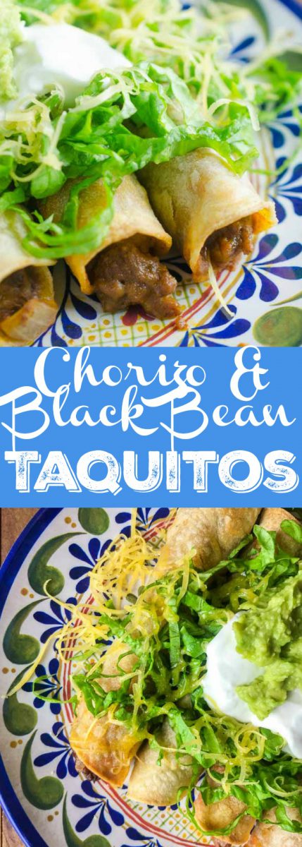 Chorizo & Black Bean Taquitos are crispy oven baked taquitos filled with chorizo, black beans and pepper jack cheese.