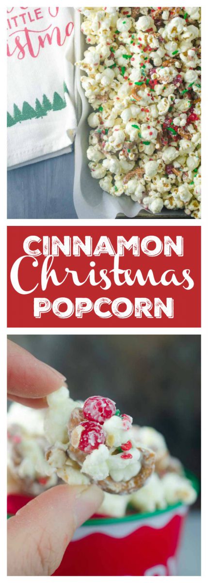 Cinnamon Christmas Popcorn with white chocolate, cinnamon candies and sprinkles will be your new favorite holiday treat. It takes about 10 minutes to prepare and makes a perfect gift too! 