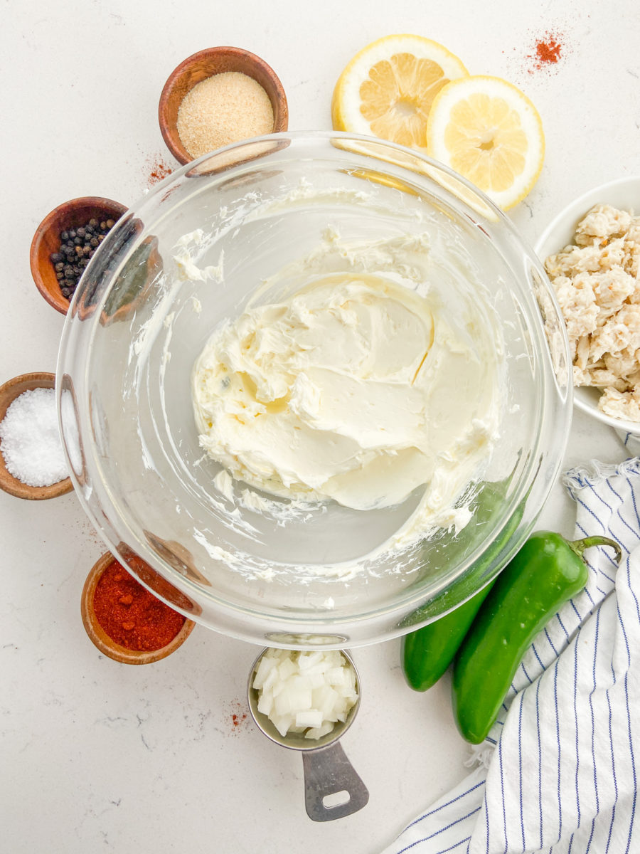 Whipped cream cheese in glass bowl. 