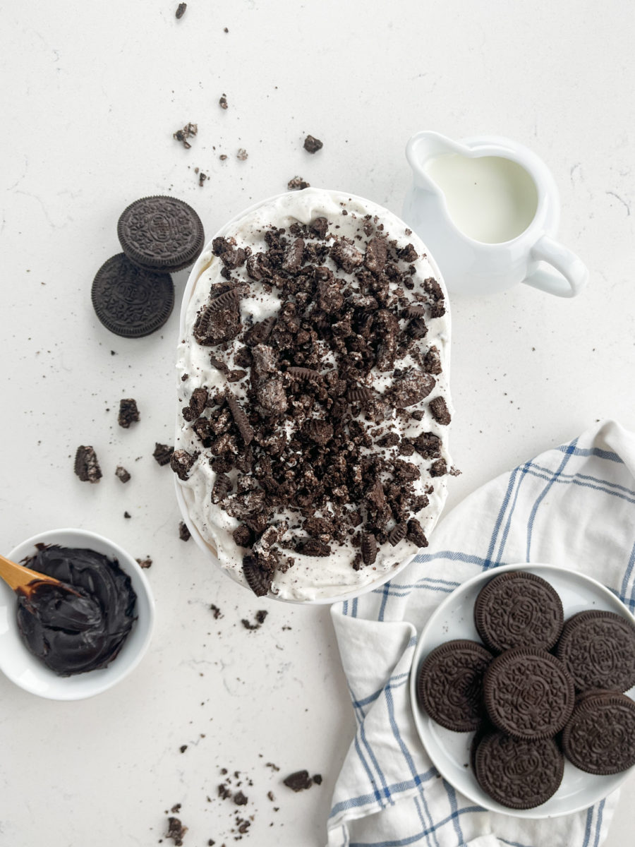 No-Churn Cookies and Cream Ice Cream topped with crushed cookies. 