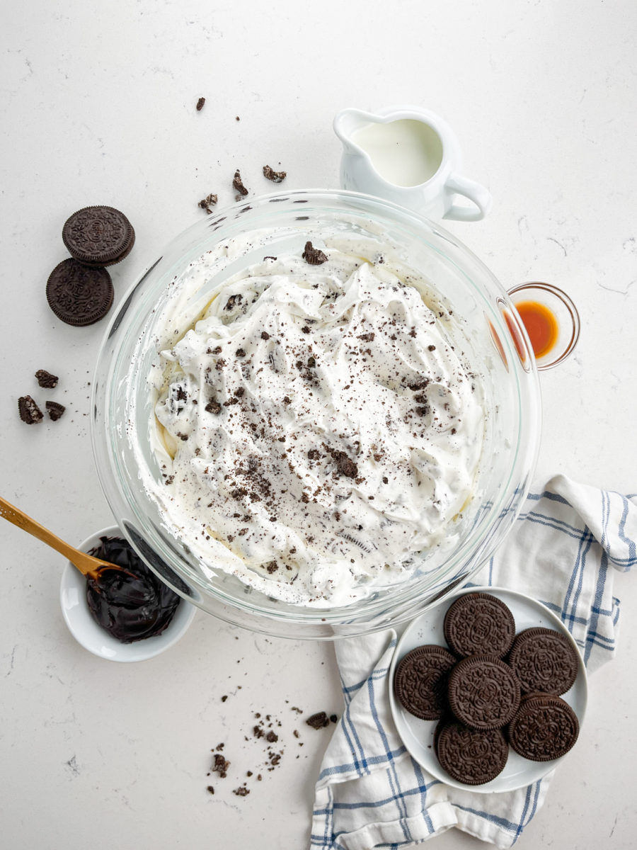 No-Churn Cookies and Cream Ice Cream in a white bowl. 