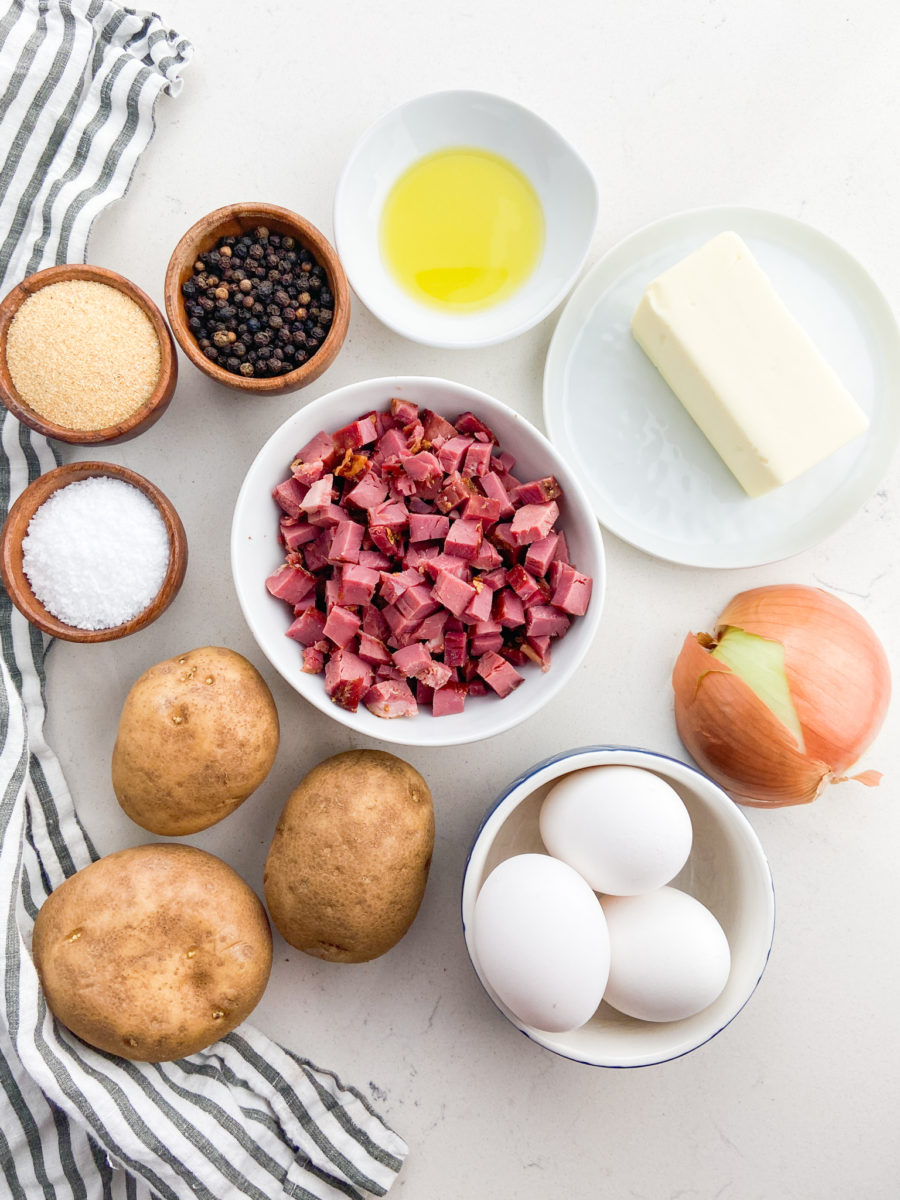 Overhead photo of ingredients needed to make corned beef hash. 