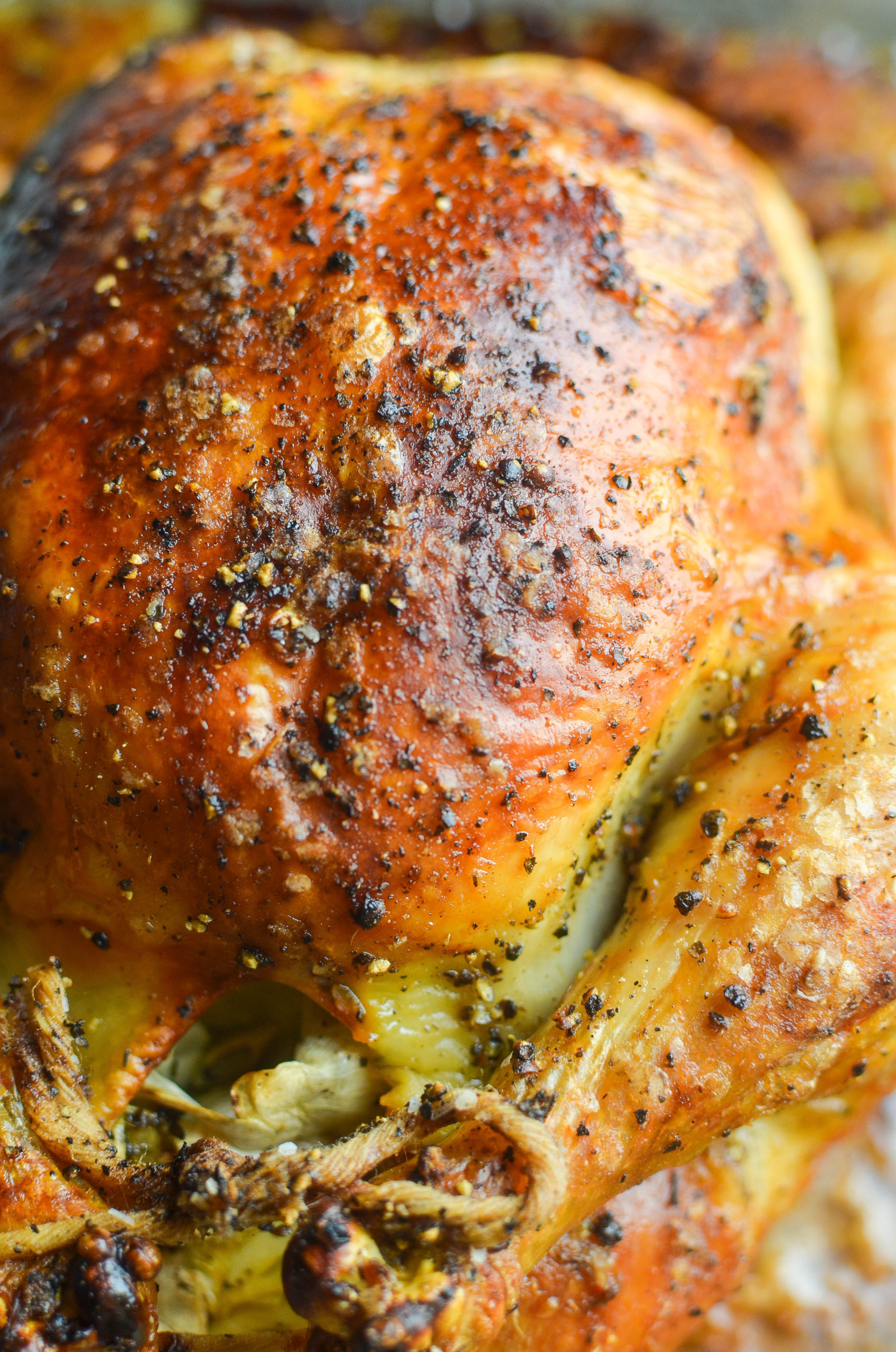 Side angle photo of roast chicken. 
