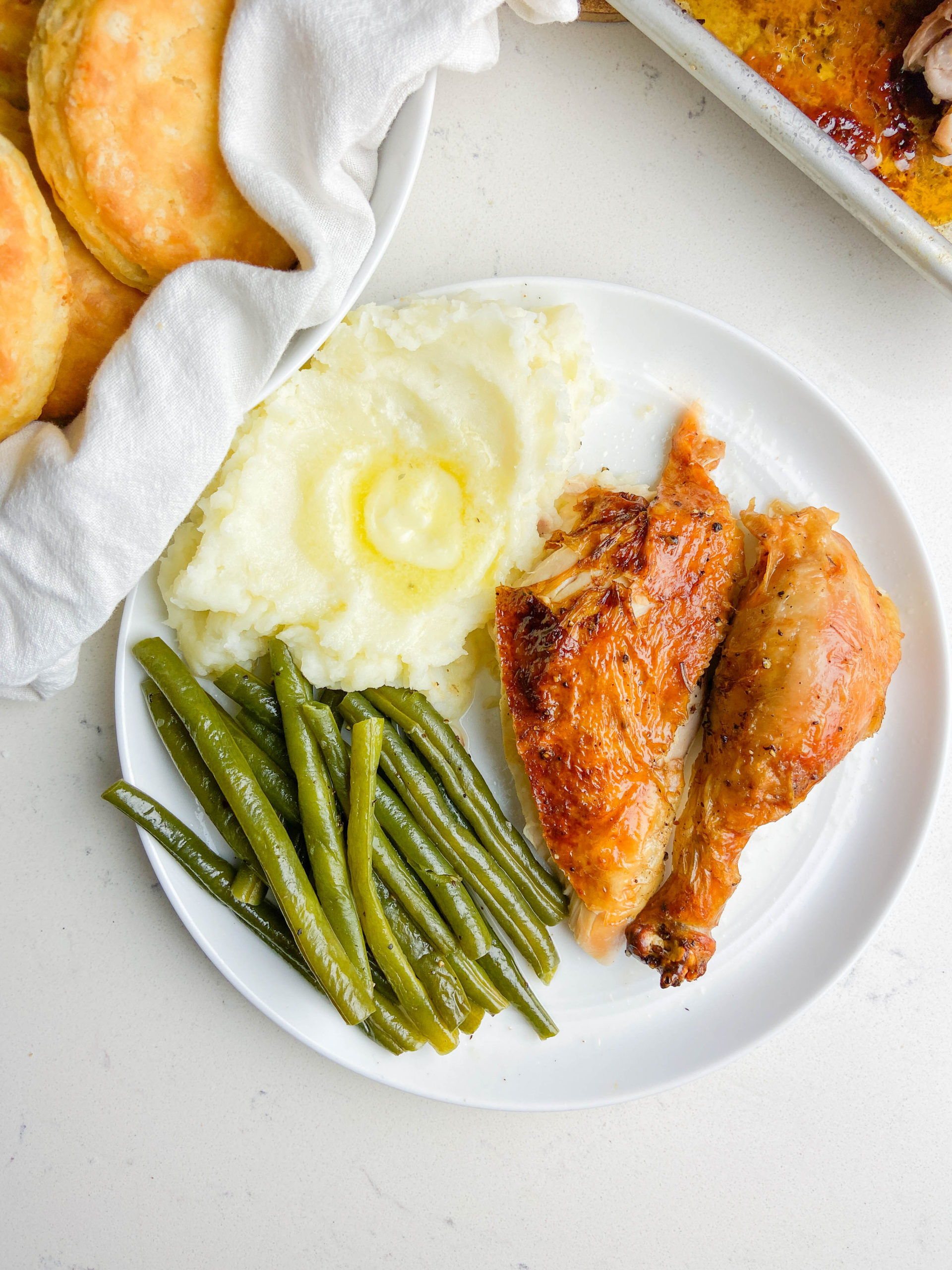 Overhead photo of chicken dinner. 