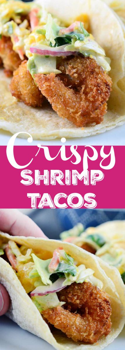 If you are looking for the perfect crispy shrimp tacos these are it! Crispy shrimp tacos are loaded with crispy golden fried shrimp and topped with a creamy mango slaw.