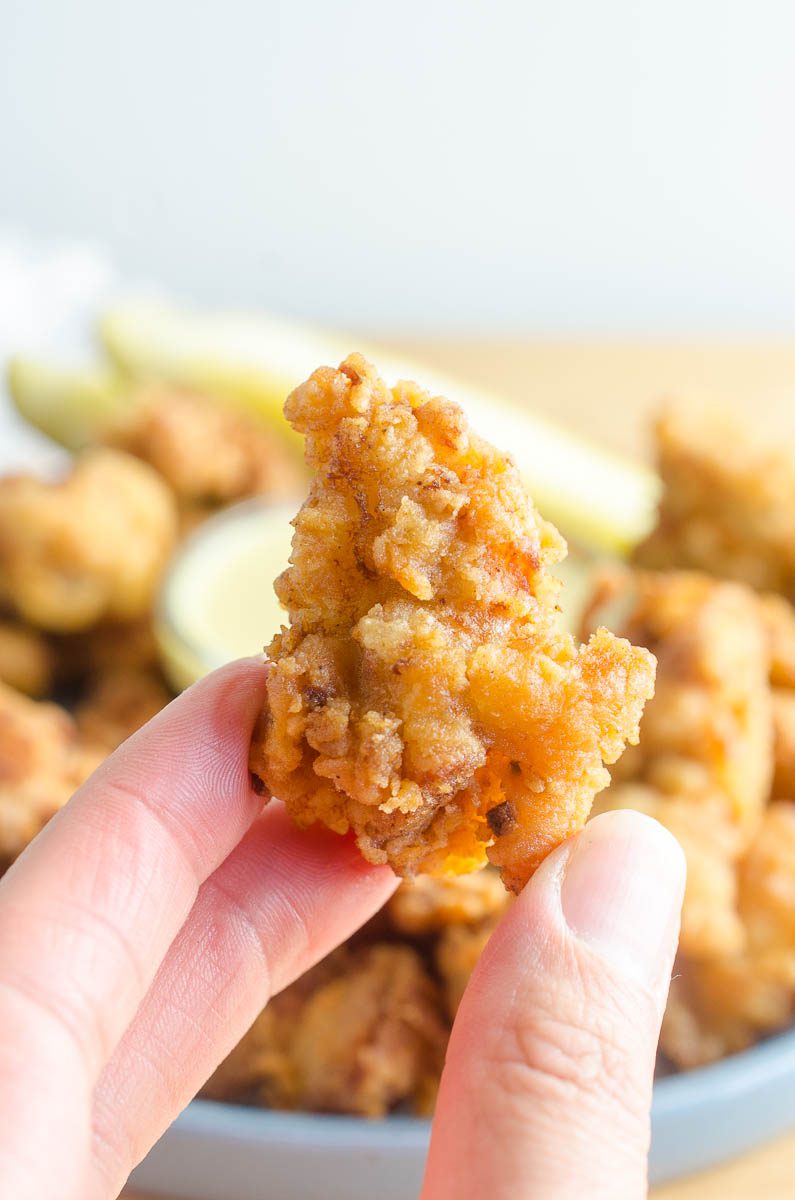 Dill Pickle Popcorn Chicken is bite sized chicken, perfect for the whole family