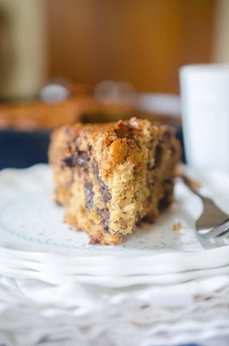 Dulce de Leche Banana Bread with dark chocolate chunks and a swirl of Dulce de Leche. Serve it for breakfast or dessert...or both.