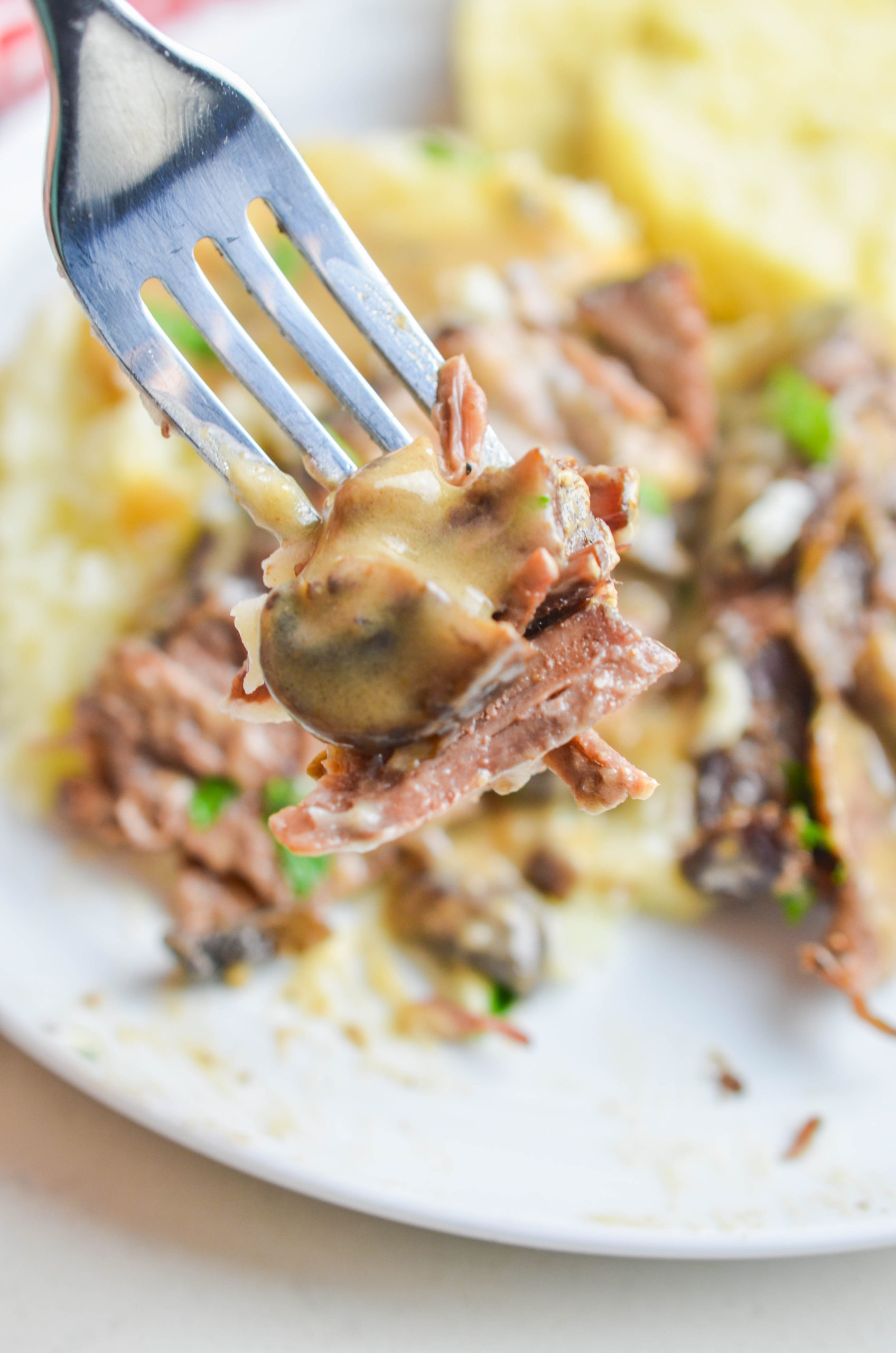 Pot roast on a fork. 