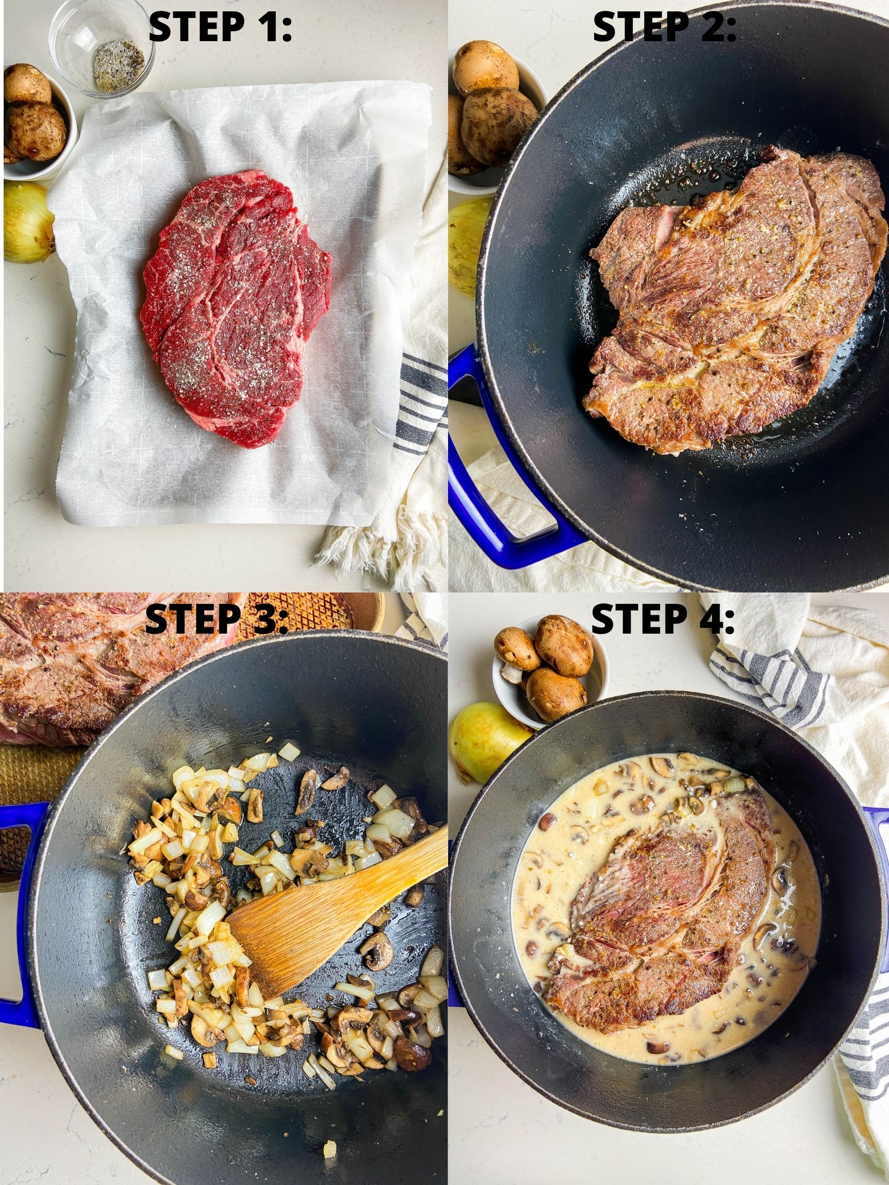 Step by step photos showing how to make dutch oven pot roast. 