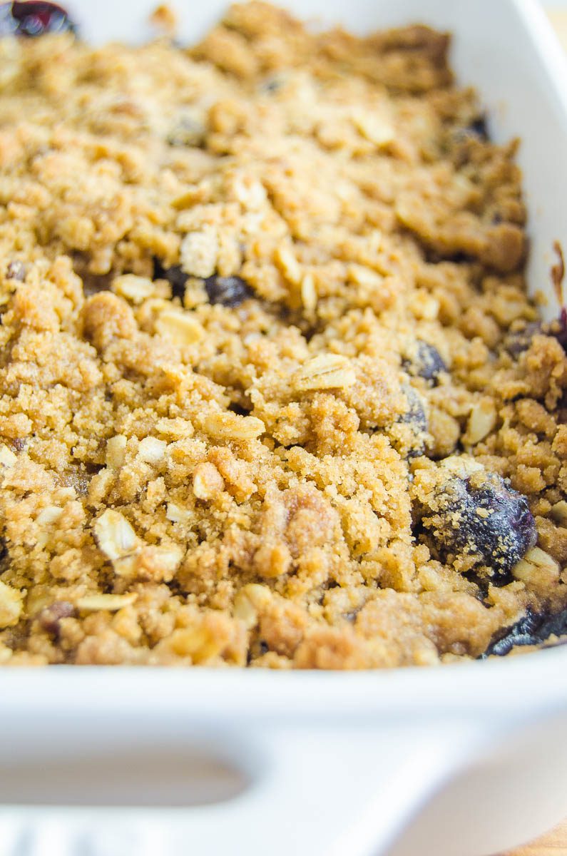 A crispy topping on blueberry crisp. 