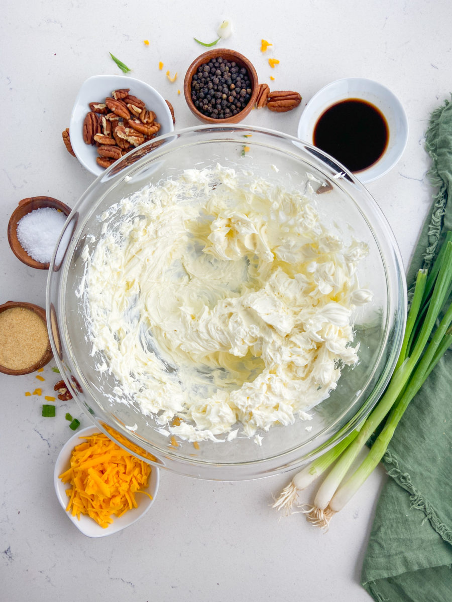 Whipped cream cheese in glass bowl. 