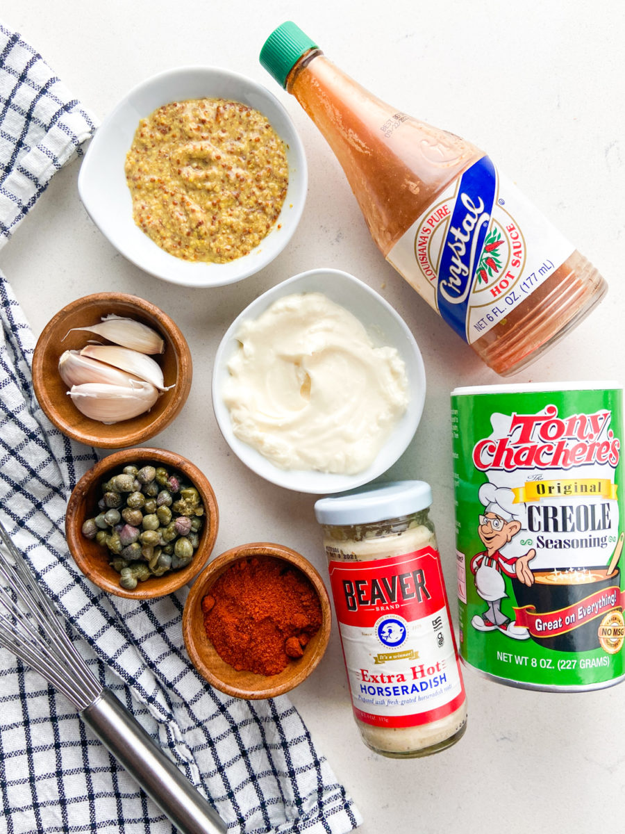 overhead photo of ingredients needed to make remoulade. 