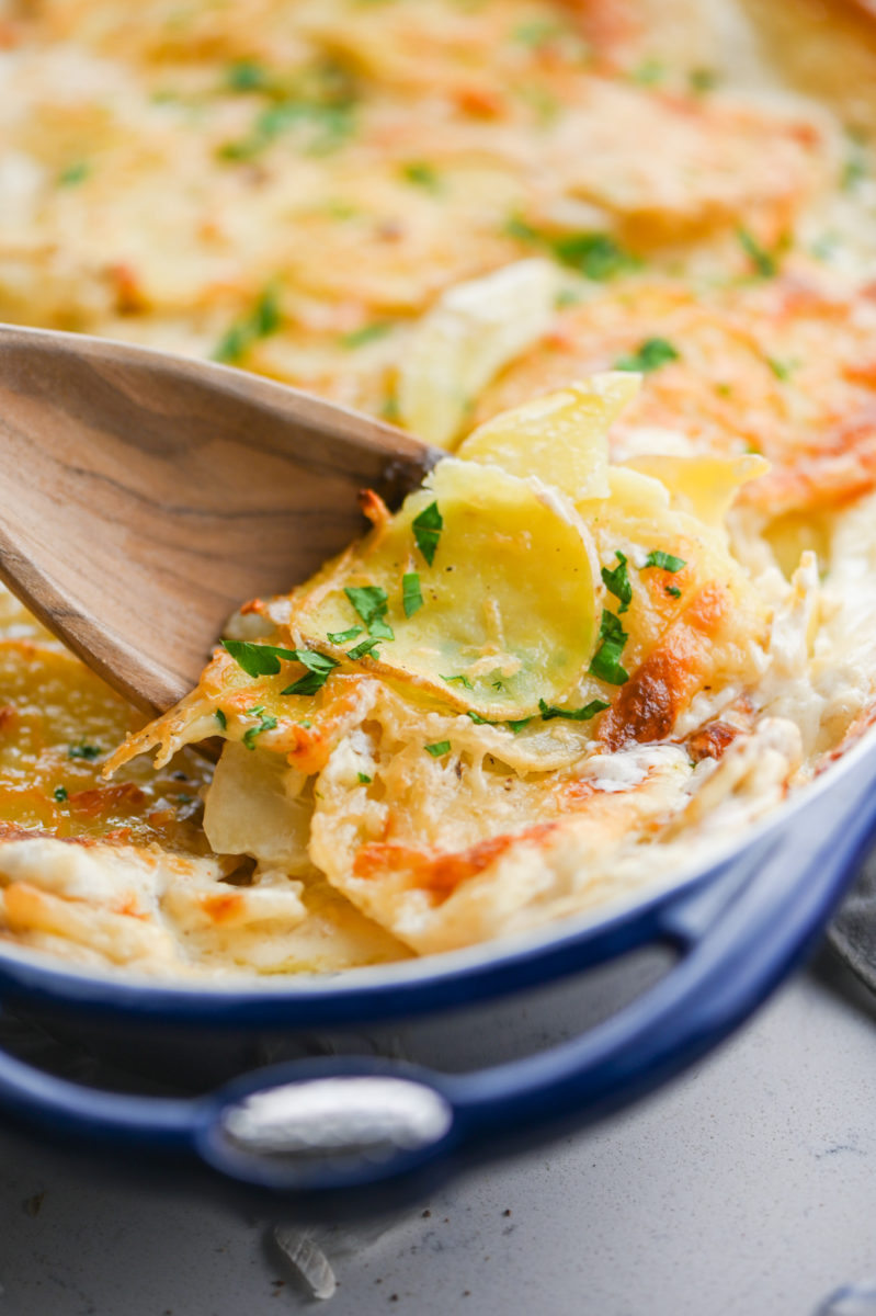 Spoon scooping up scalloped potatoes. 