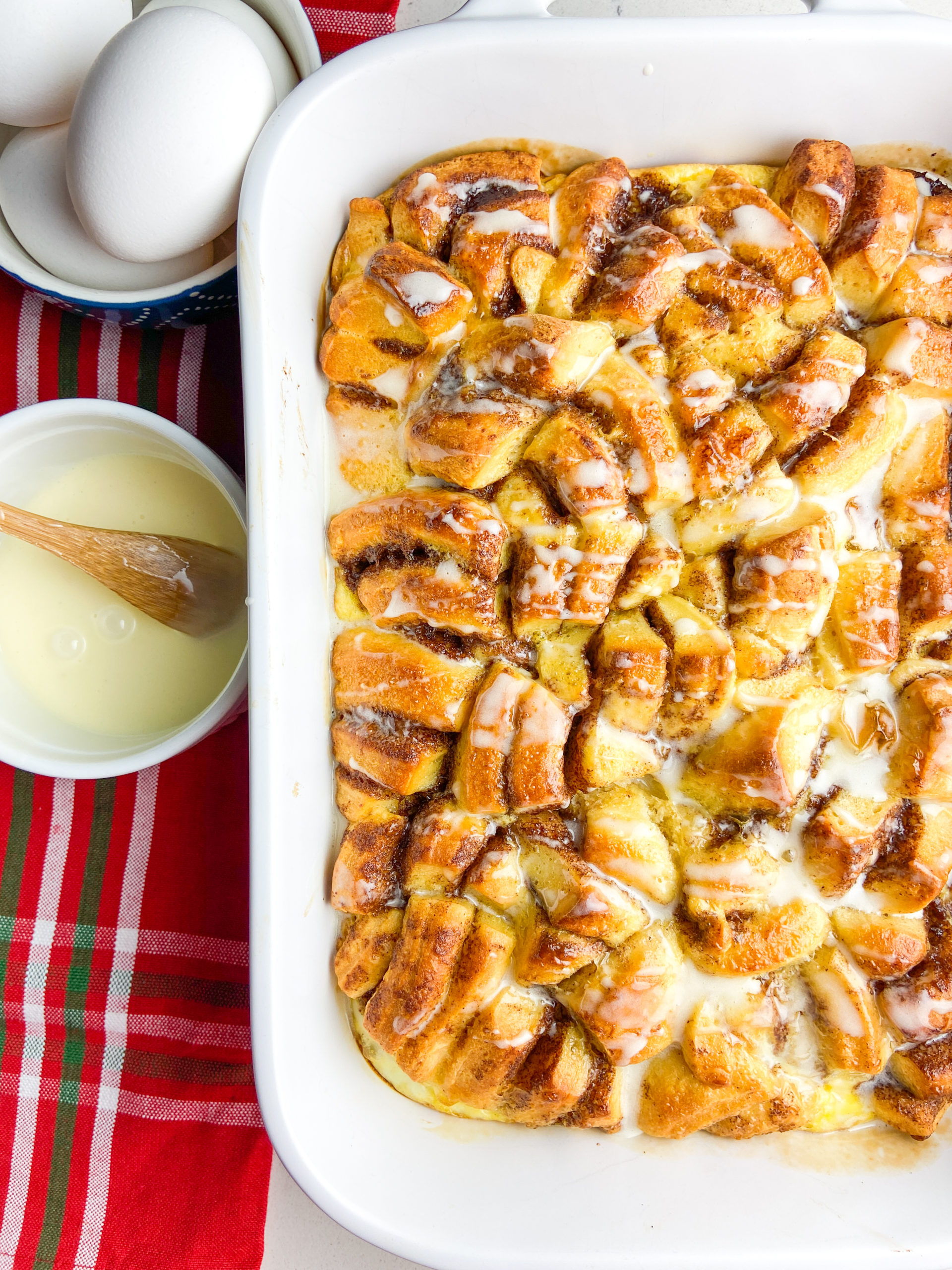 Overhead photo of eggnog french toast casserole.  