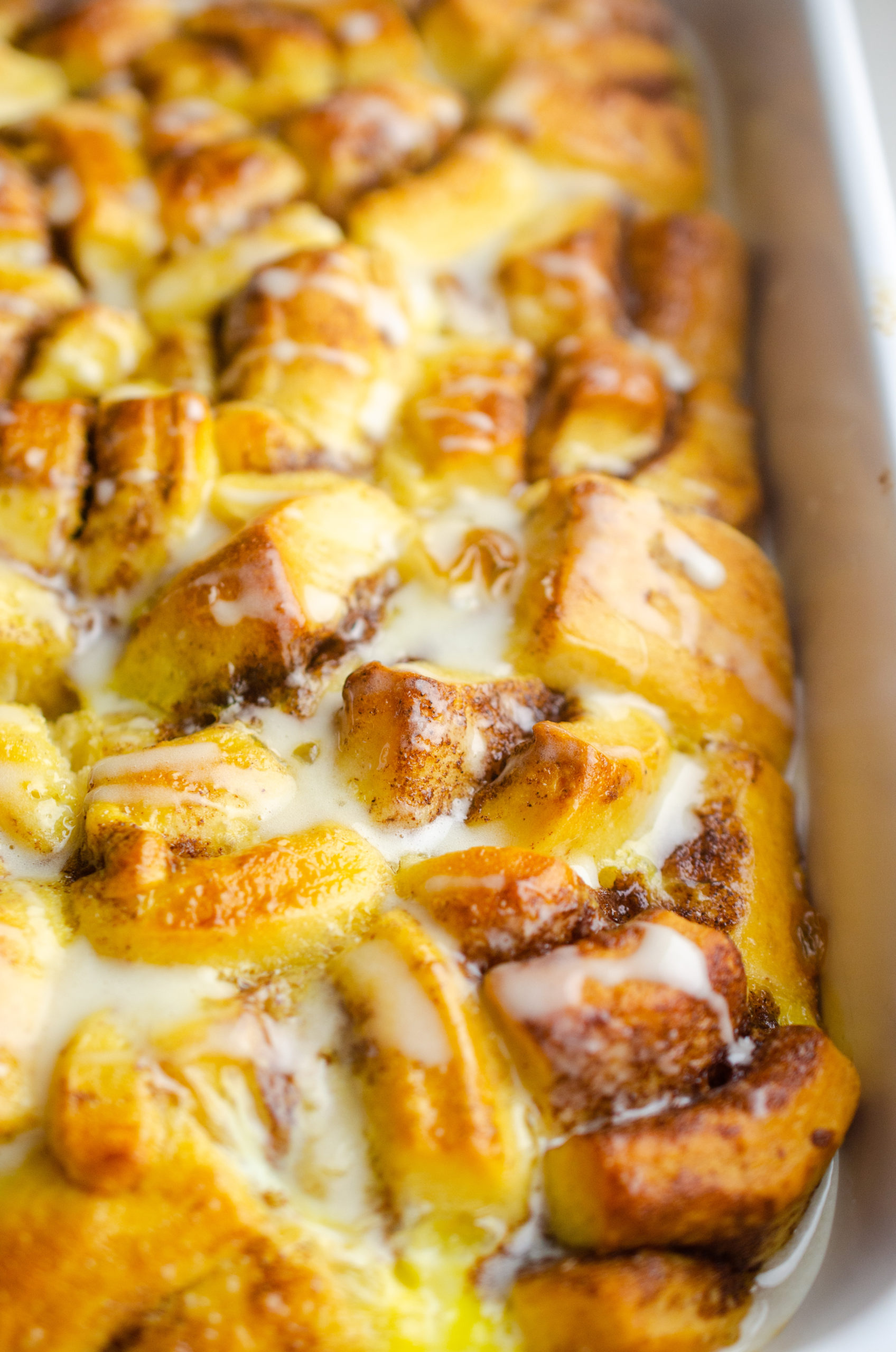 Eggnog French Toast Casserole in a baking dish. 