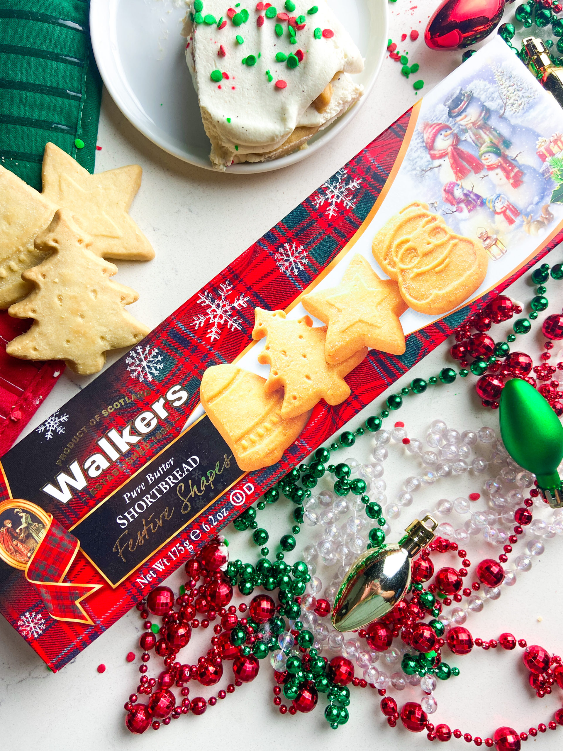 Overhead photo of walkers shortbread cookie box. 