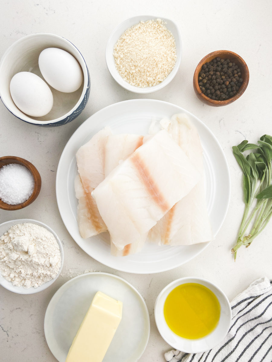 Overhead photo of ingredients needed to make fish with sage butter sauce. 
